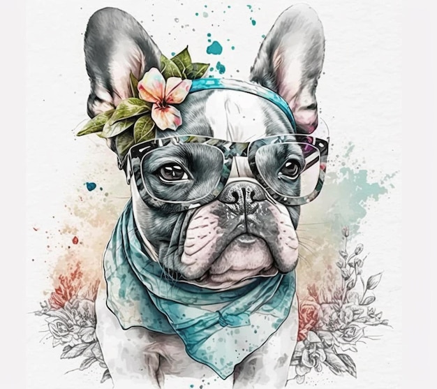 Een aquarel van een franse bulldog met een sjaal en een bril op.
