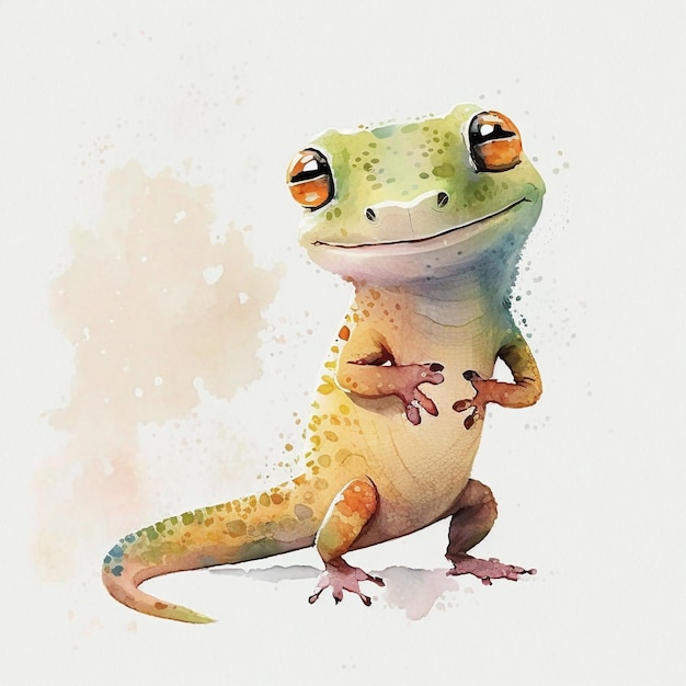 Een aquarel van een gekko met een rood oog.