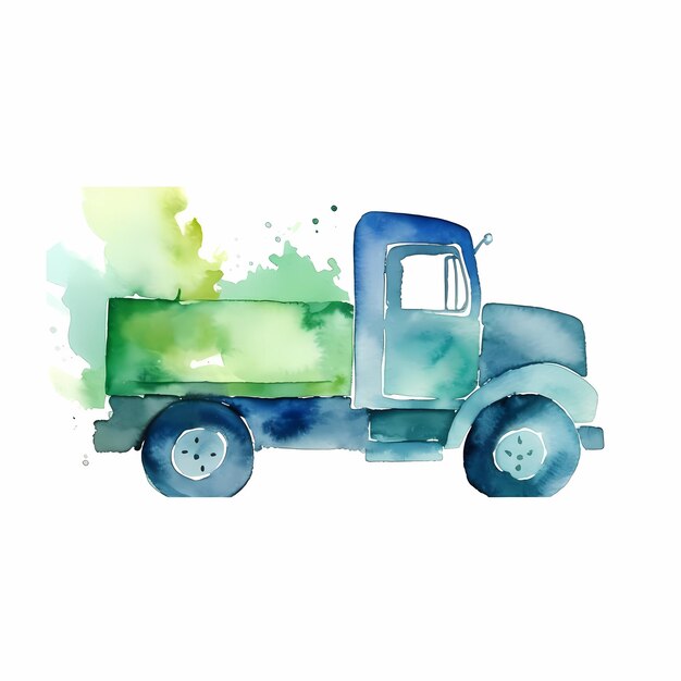 Foto een aquarel van een groene vrachtwagen