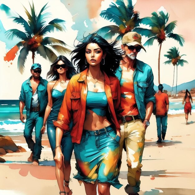 een aquarel van een groep mensen die op een strand lopen met palmbomen op de achtergrond en