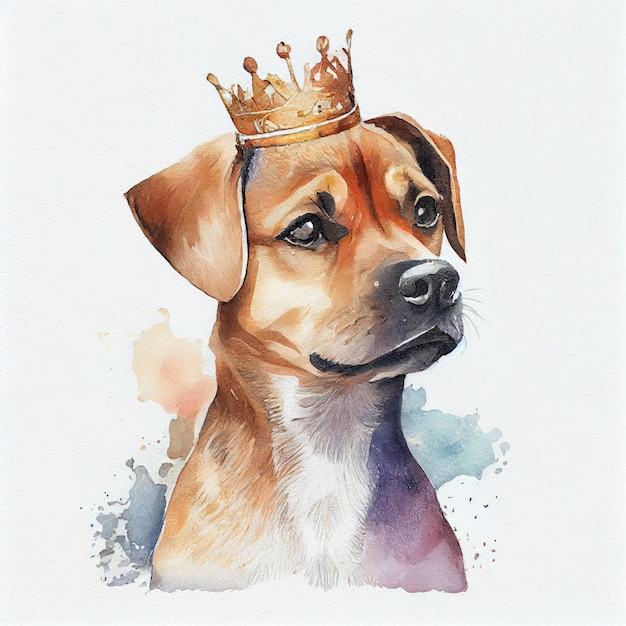 Een aquarel van een hond die een kroon draagt.