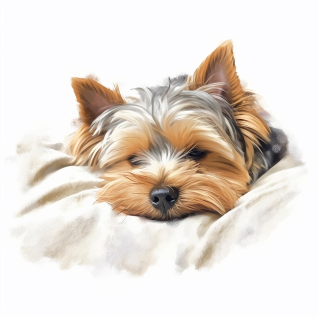 Een aquarel van een hond met zijn kop op een kussen.