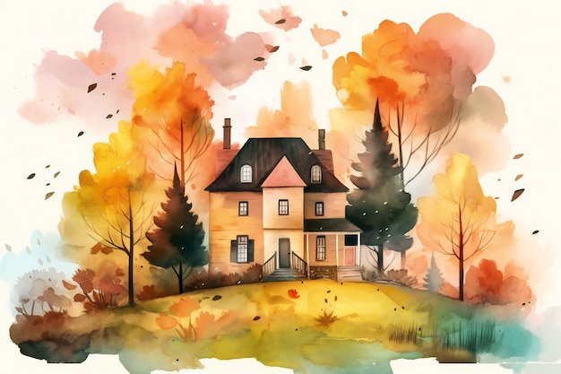 Een aquarel van een huis in de herfst