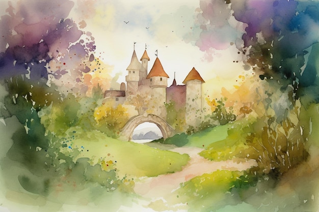 Een aquarel van een kasteel in het bos.