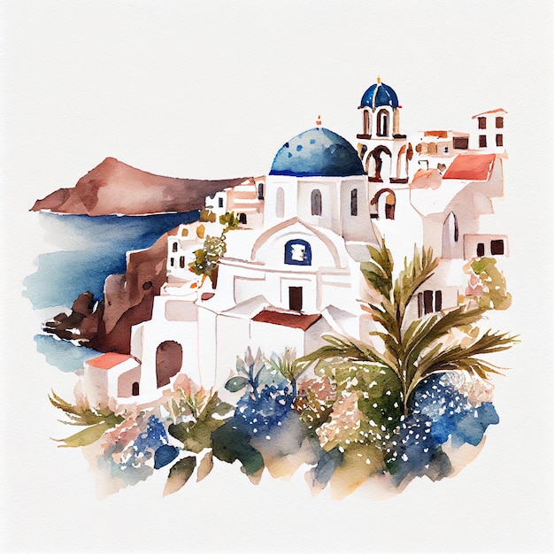 Een aquarel van een kerk in de stad Santorini.