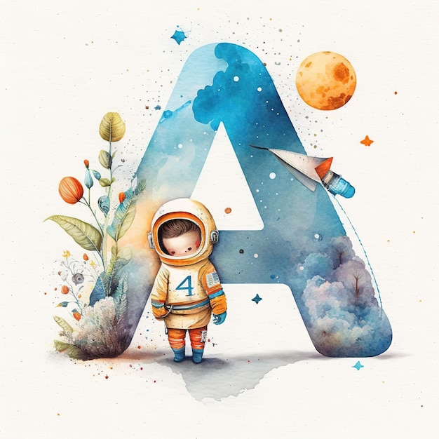 Een aquarel van een kind in een ruimtepak met een letter a erop