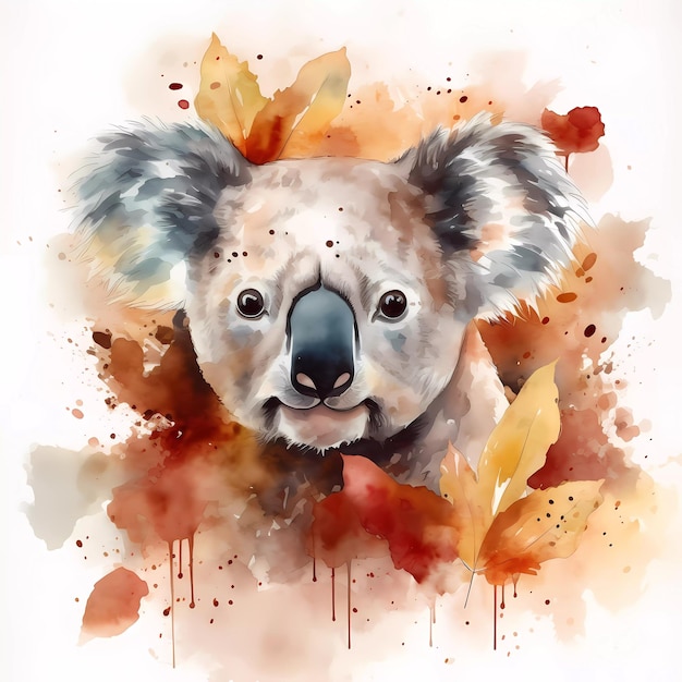 Een aquarel van een koalabeer met bladeren erop.