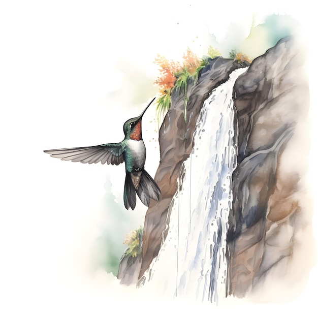 Een aquarel van een kolibrie bij een waterval