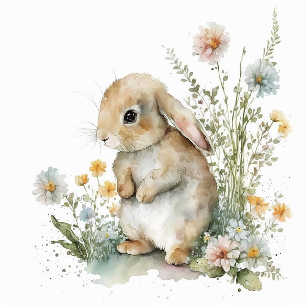 Een aquarel van een konijntje dat in een bloemenveld zit.