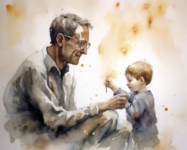 Een aquarel van een man en een kind