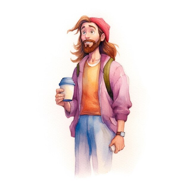 Een aquarel van een man met een rugzak en een koffiekopje