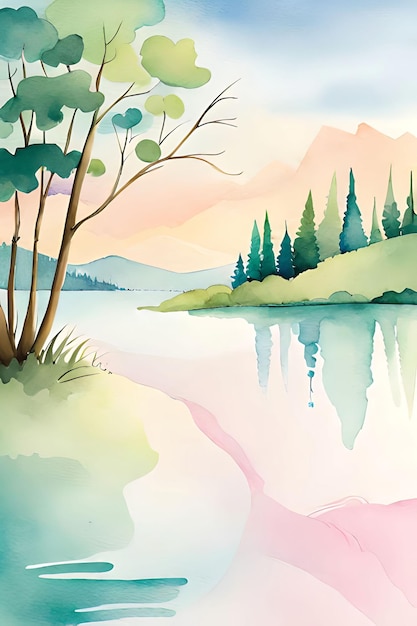 Een aquarel van een meer met een berg op de achtergrond.