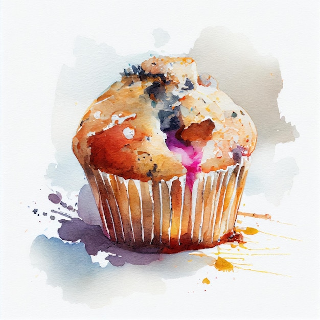 Een aquarel van een muffin met bosbessen erop.