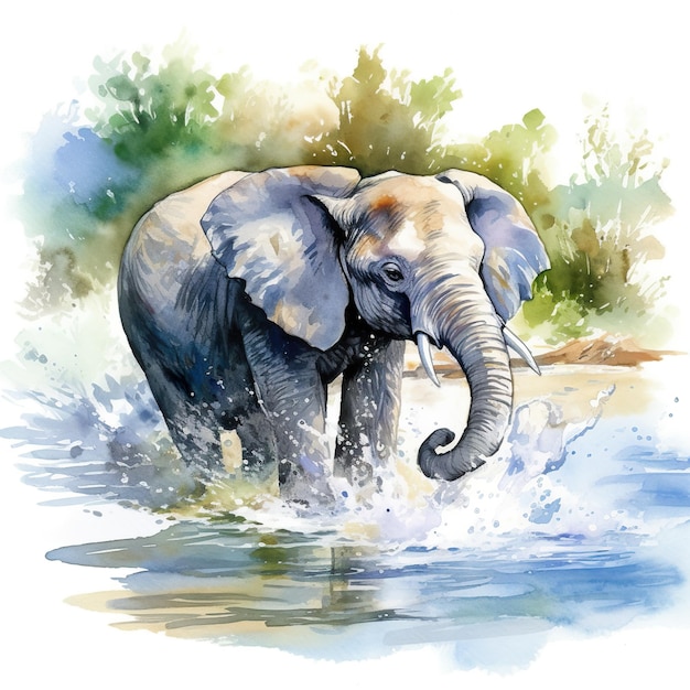 Een aquarel van een olifant in het water Generatief AI-beeld
