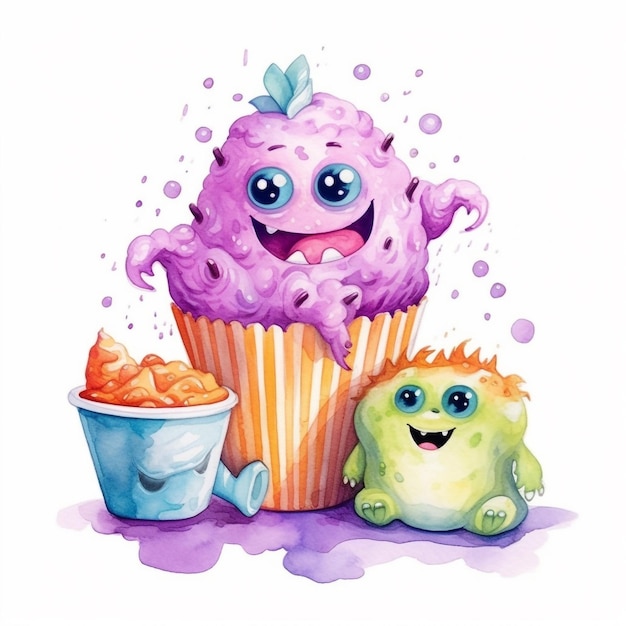 Een aquarel van een paars monster en een cupcake met een emmer popcorn.