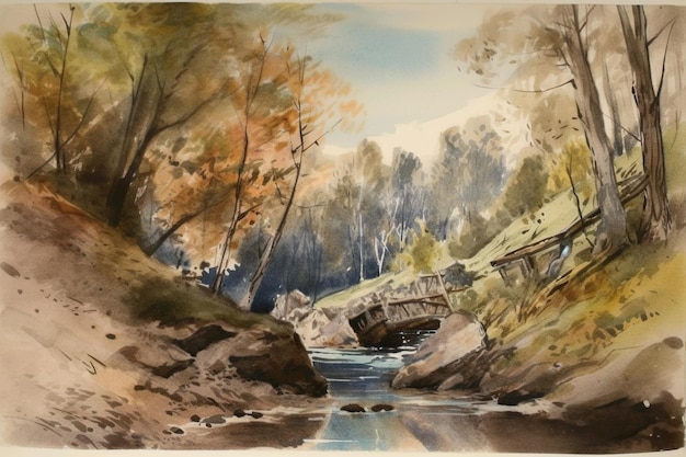 Een aquarel van een rivier met een brug op de achtergrond.