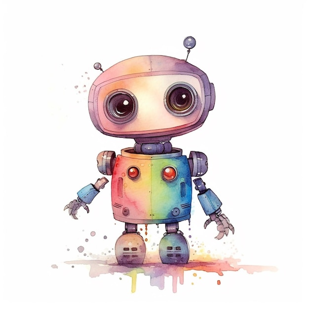 Een aquarel van een robot met een regenboogkleurig gezicht.