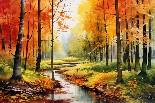 Een aquarel van een sereen herfstlandschap