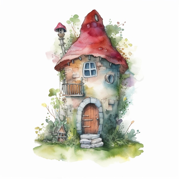 Een aquarel van een sprookjesachtig huis met een balkon en een rood dak.