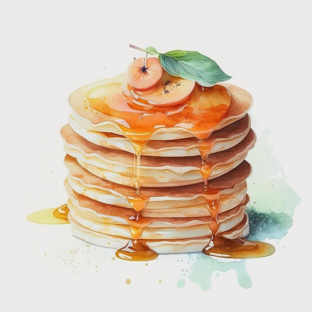 Foto een aquarel van een stapel pannenkoeken met een perzik erop.