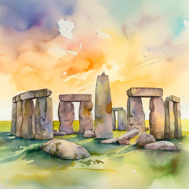 Een aquarel van een Stonehenge in het Verenigd Koninkrijk