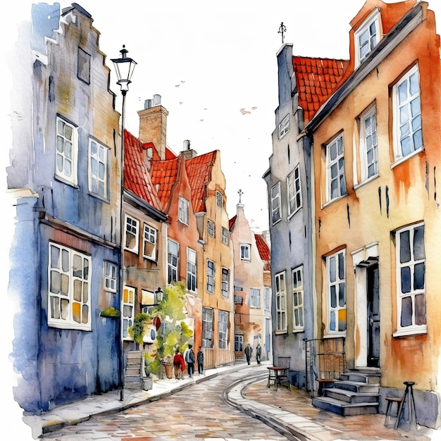 Een aquarel van een straatbeeld in Brugge