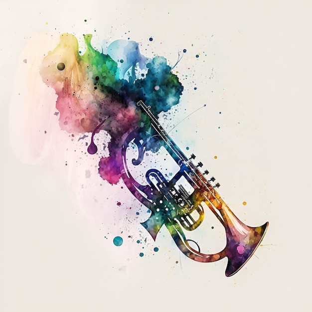 Een aquarel van een trompet met een regenboogkleurige verf eromheen.