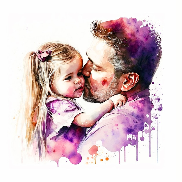 Een aquarel van een vader die zijn dochter kust.