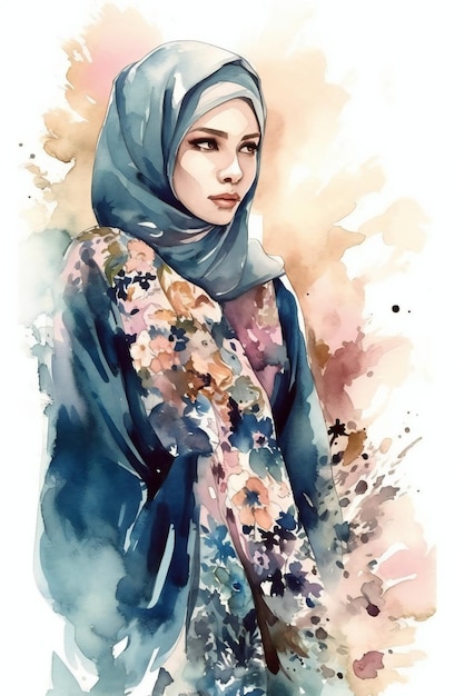 Een aquarel van een vrouw die een hijab draagt.