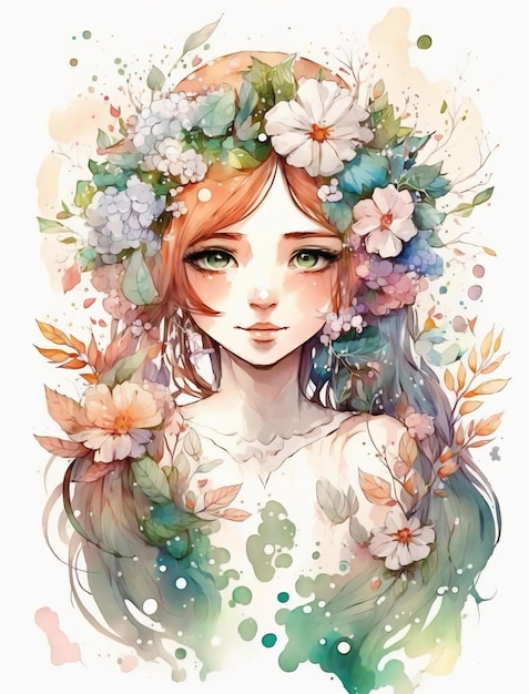 Een aquarel van een vrouw met een bloemenkrans op haar hoofd