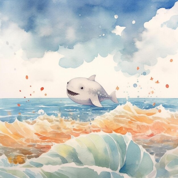 Een aquarel van een walvis die in de oceaan zwemt.