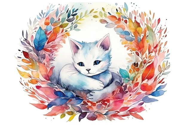 Een aquarel van een witte kat met blauwe ogen zit in een krans van bladeren.