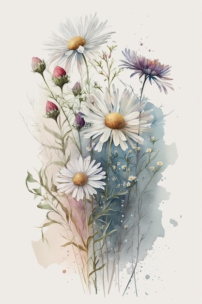 Een aquarel van madeliefjes en bloemen.