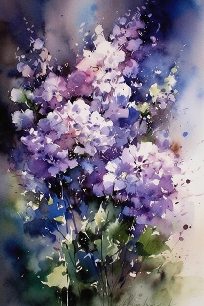 Een aquarel van paarse bloemen.