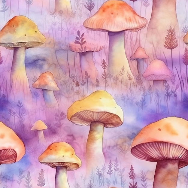Een aquarel van paddenstoelen in een paars en paars landschap