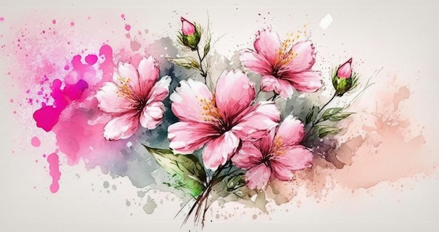 Een aquarel van roze bloemen.