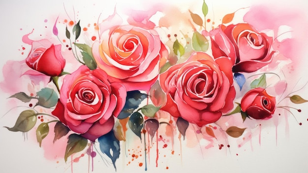 Een aquarel van rozen van pioenroos en dier.
