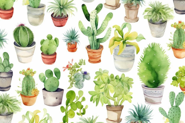 Een aquarel van verschillende cactussen in potten