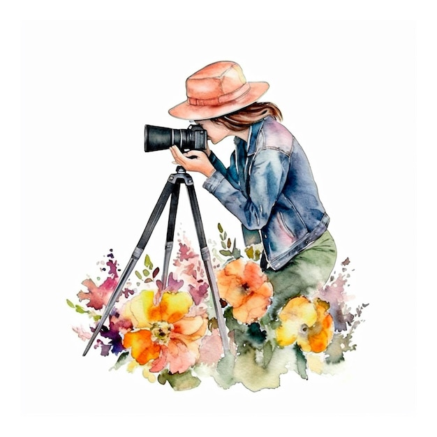 een aquarel vrouw fotograaf met bloemen op witte achtergrond