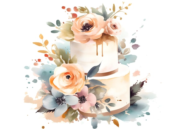 Een aquareltaart met bloemen en het woord cake erop.