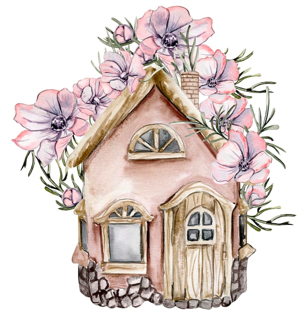 Een aquareltekening van een huis met bloemen erop.