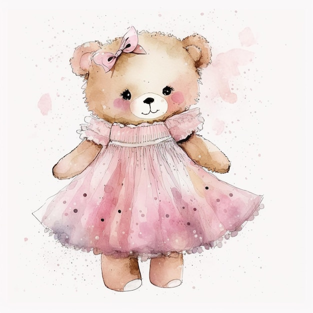 Een aquareltekening van een teddybeer in een roze jurk.
