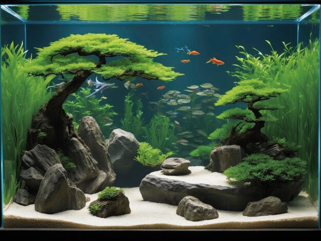 een aquarium met een boom en rotsen erin en vissen die in het water zwemmen