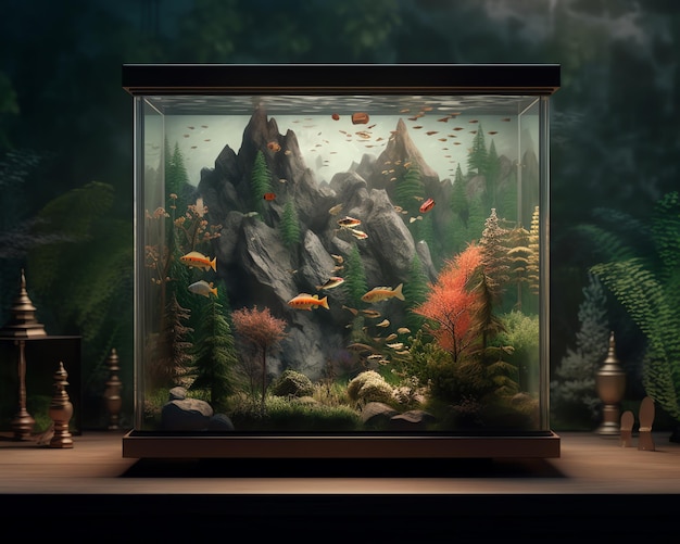 Een aquarium met een bostafereel op de achtergrond