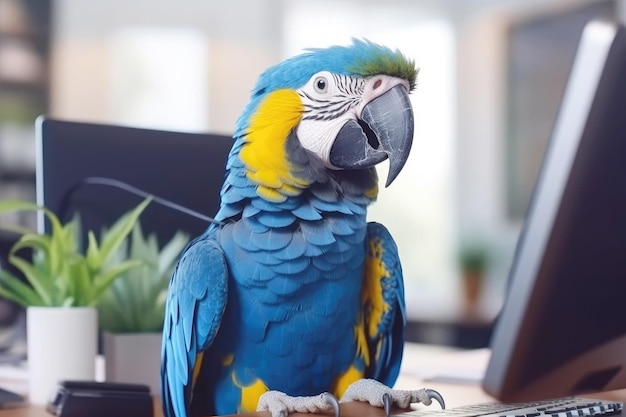 Een ara papegaai die aan een computer werkt in het kantoor