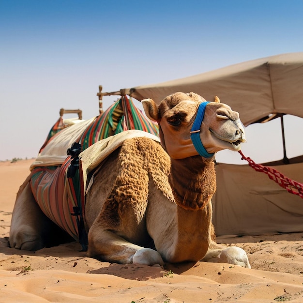 Een Arabische kameel in de woestijn met daarachter een Arabische tent