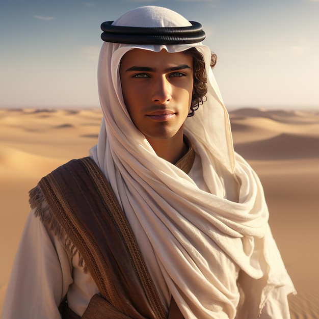 een Arabische man die midden in de woestijn staat