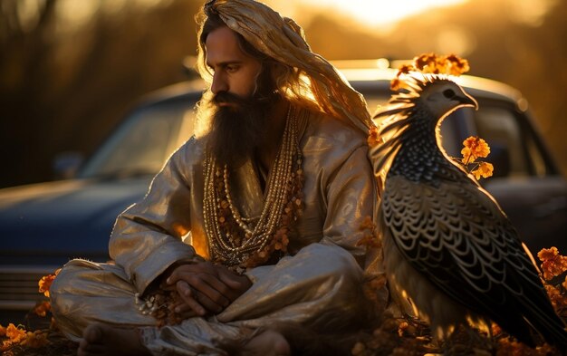 Een Arabische man met pauwen bij zijn auto AI