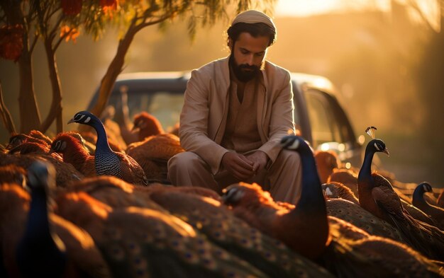 Een Arabische man met pauwen bij zijn auto AI