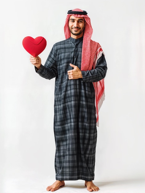 Foto een arabische man staat op een witte achtergrond met een rood hart in zijn rechterhand.